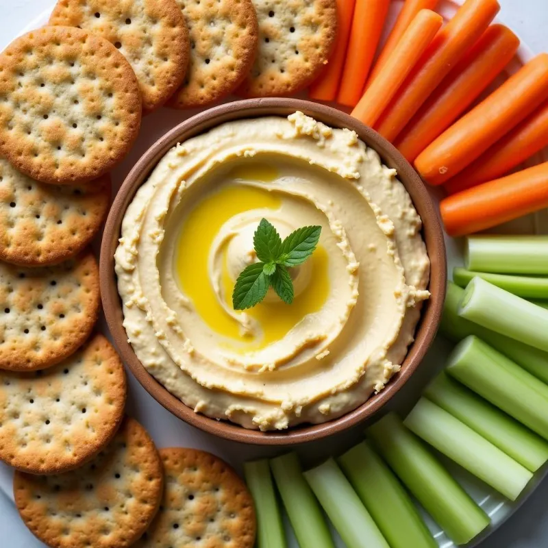 Vegan sourdough discard crackers arranged around a bowl of hummus.