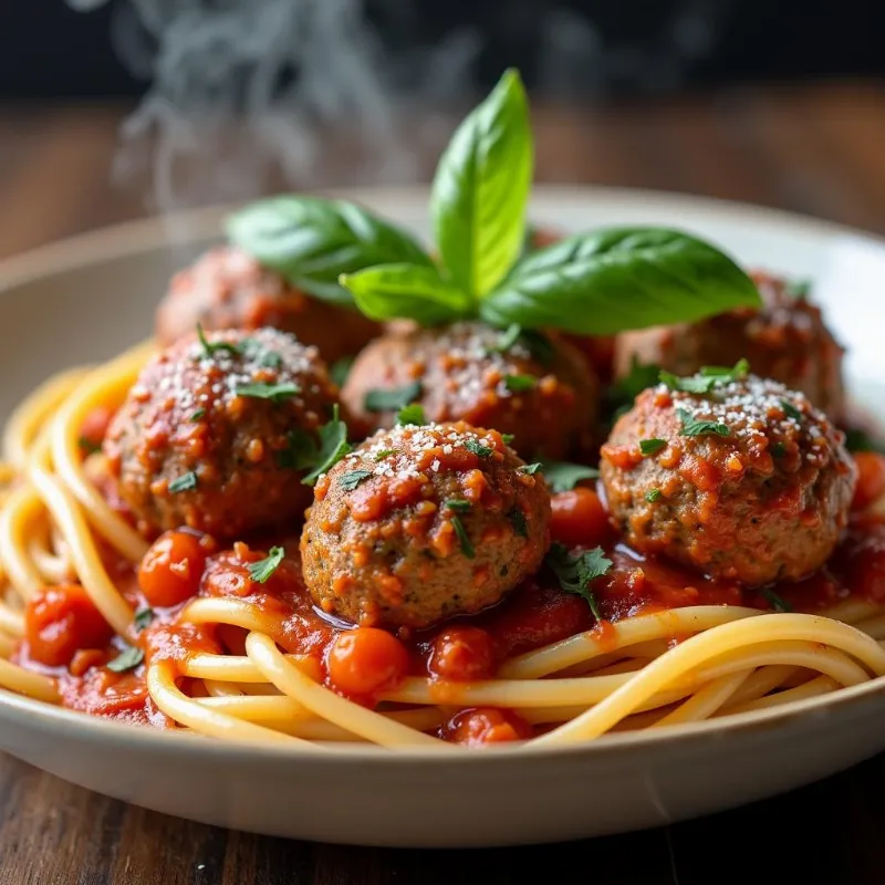 A hearty bowl of vegan spaghetti and meatballs ready to eat