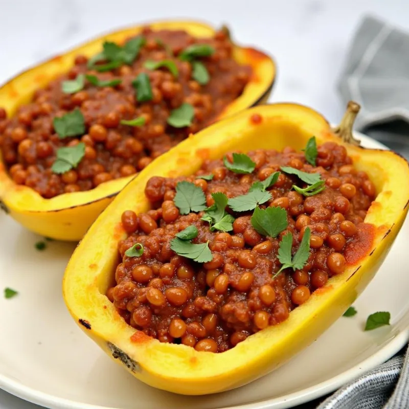 Vegan Spaghetti Squash Boats Topped with Lentil Bolognese 