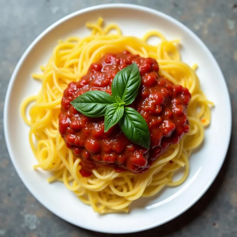 Vegan Spaghetti Squash Marinara Garnished with Basil