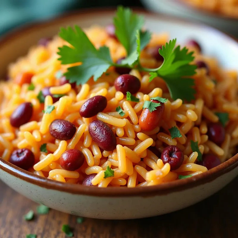 A bowl of vegan Spanish rice and beans garnished with cilantro.