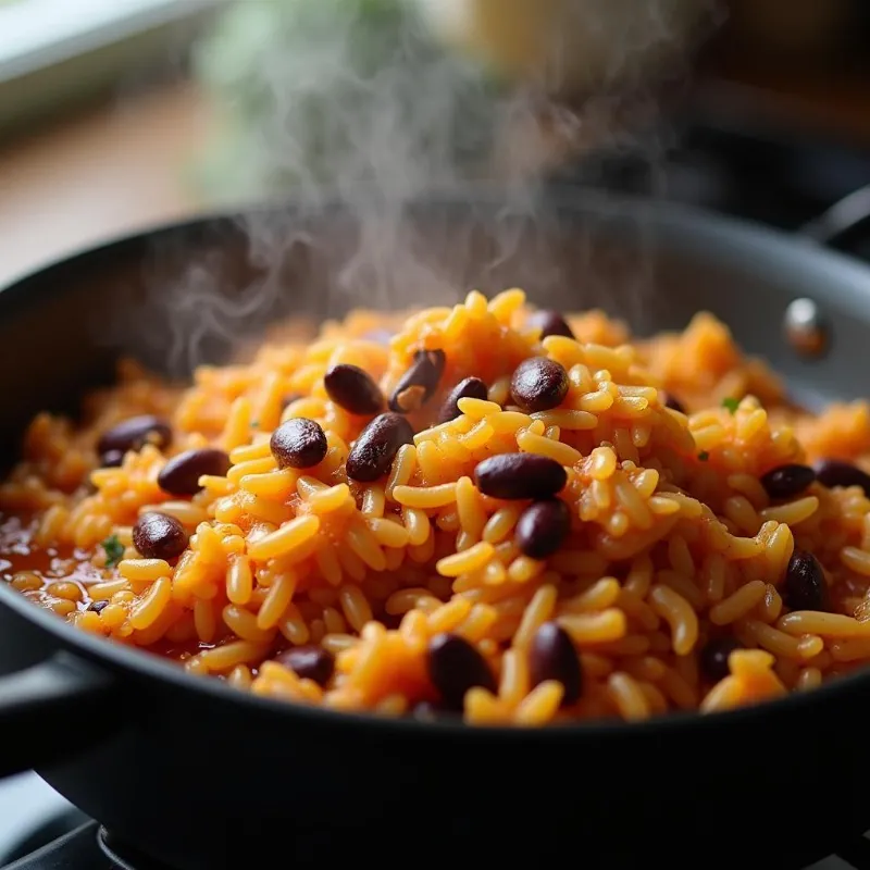 Vegan Spanish rice and beans simmering on a stovetop.