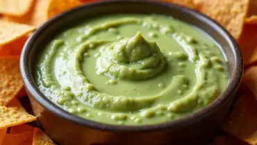 A close-up shot of a creamy vegan spinach and artichoke dip in a baking dish, topped with fresh parsley and served with tortilla chips.