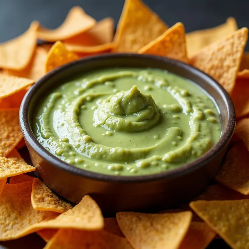 A close-up shot of a creamy vegan spinach and artichoke dip in a baking dish, topped with fresh parsley and served with tortilla chips.