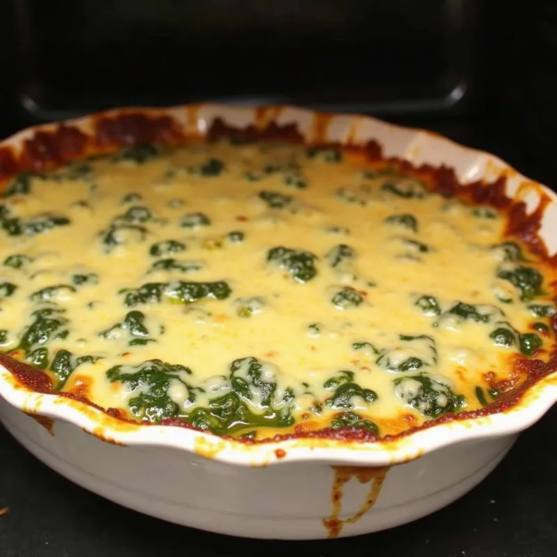 Vegan spinach artichoke dip baking in the oven