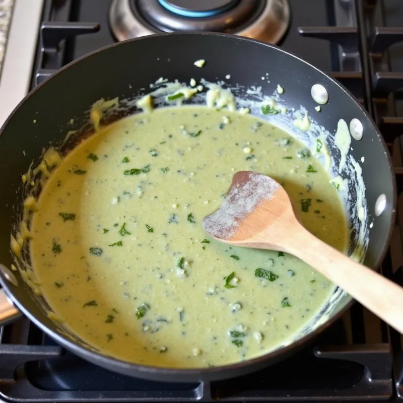 A skillet with the vegan spinach and artichoke dip simmering on a stovetop