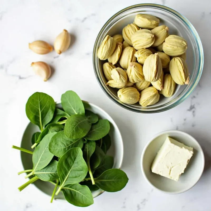 Ingredients for vegan spinach artichoke dip arranged on a wooden table