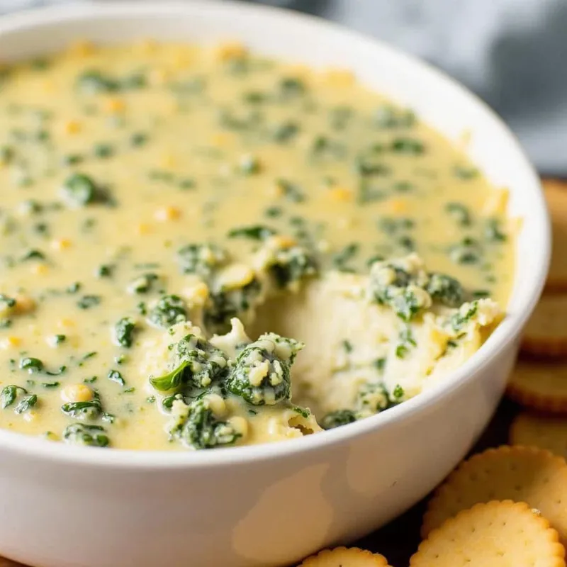 Vegan spinach artichoke dip served with crackers