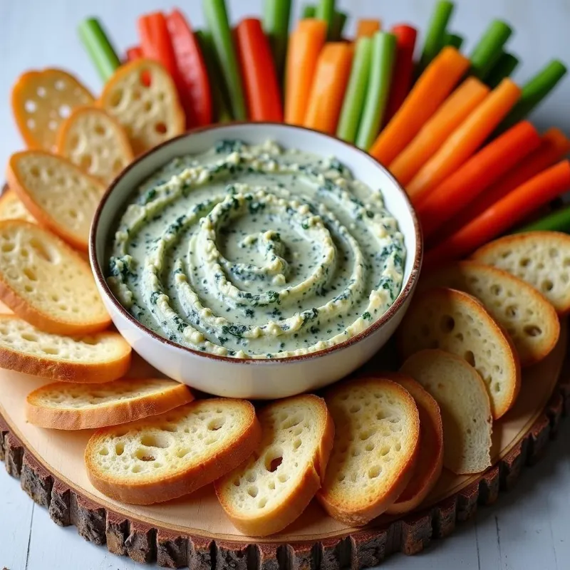 Bowl of vegan spinach and artichoke dip with various dippers 