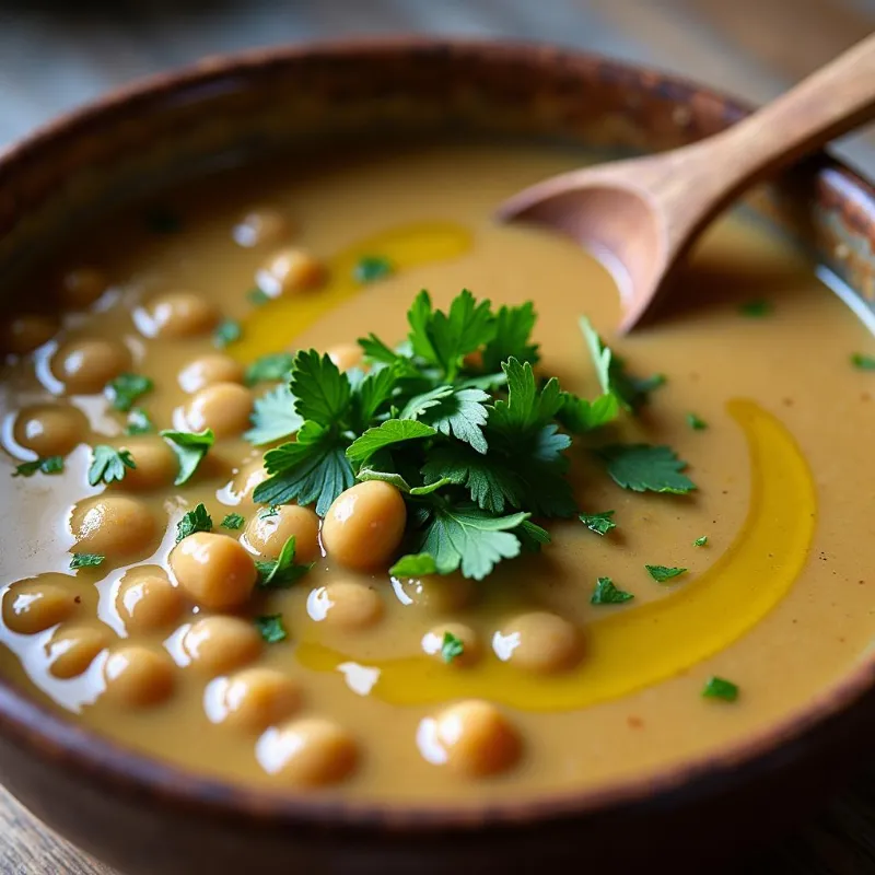 Vegan split pea soup garnished with fresh herbs