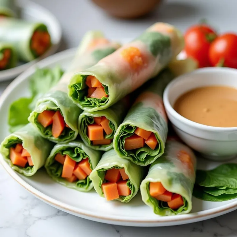 Vegan spring rolls served on a platter with a side of peanut sauce. 