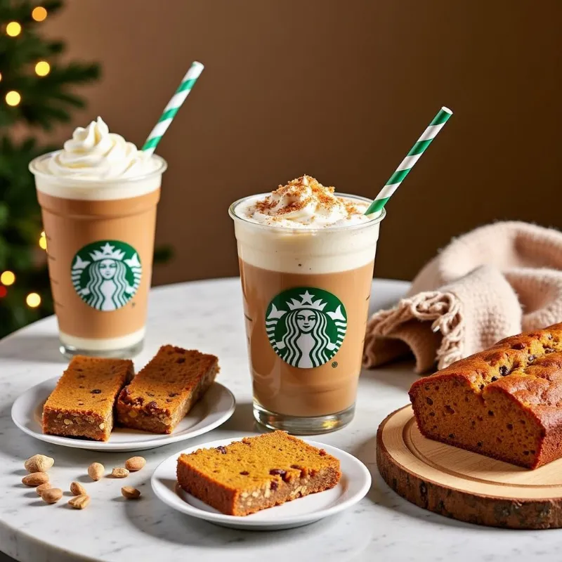 A table with various Starbucks holiday drinks and treats