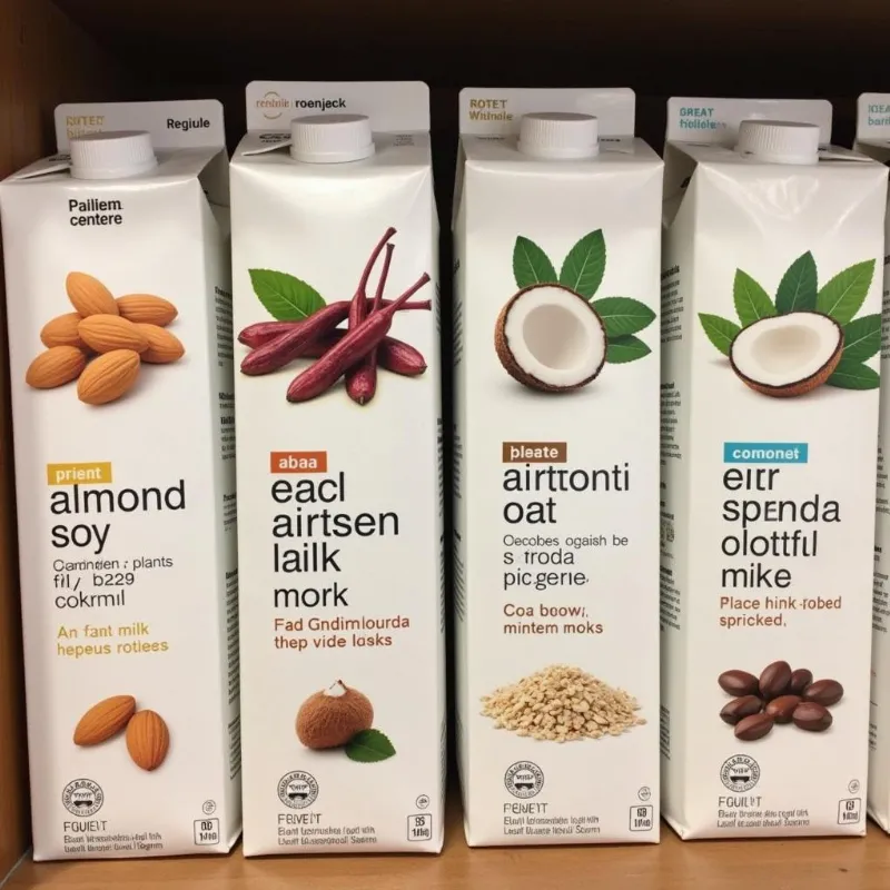 Starbucks milk alternatives lined up on a counter