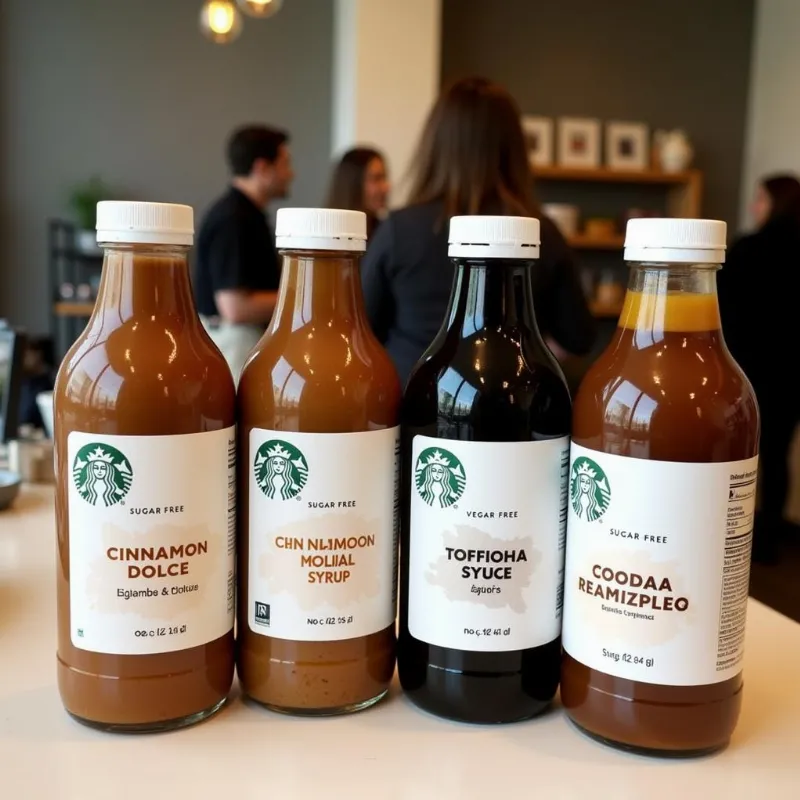 An array of Starbucks syrups on a counter