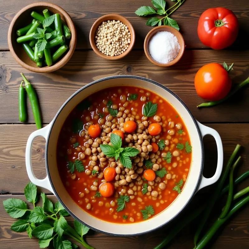  Ingredients for vegan stew on a wooden table