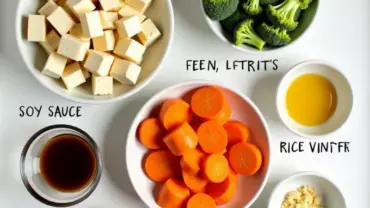 Colorful vegan stir-fry ingredients prepped and ready to cook