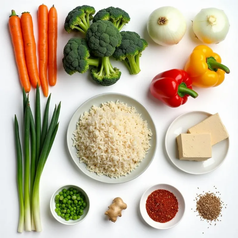 A colorful spread of fresh vegetables, tofu, and spices laid out on a table, ready for making vegan stir fry rice.