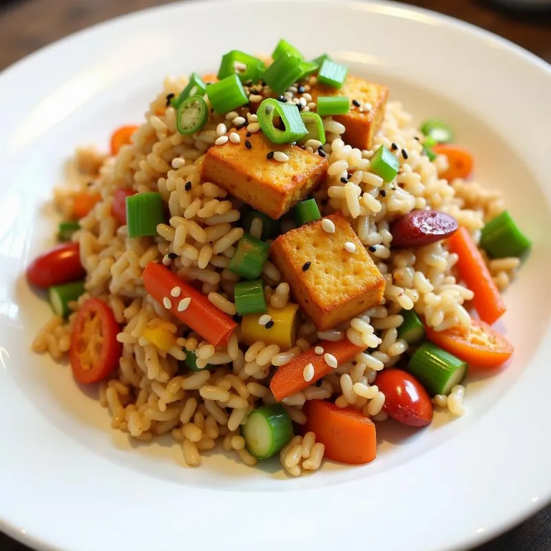 A delicious plate of vegan stir fry rice topped with chopped green onions and sesame seeds.