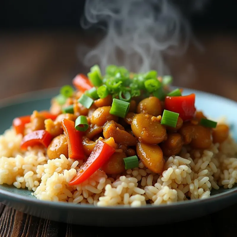 Steaming vegan stir-fry served over a bed of brown rice