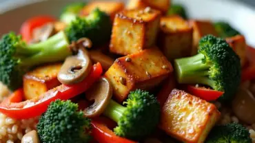 Colorful vegan stir-fry with tofu and vegetables served over rice