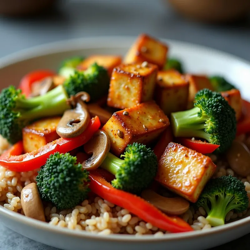 Colorful vegan stir-fry with tofu and vegetables served over rice