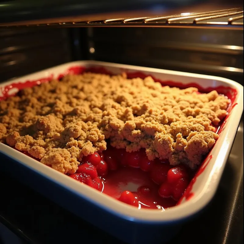 A vegan strawberry rhubarb crumble baking in the oven