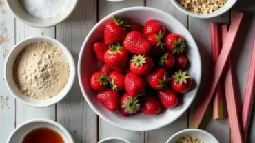 Fresh strawberries and rhubarb with other ingredients for a vegan crumble