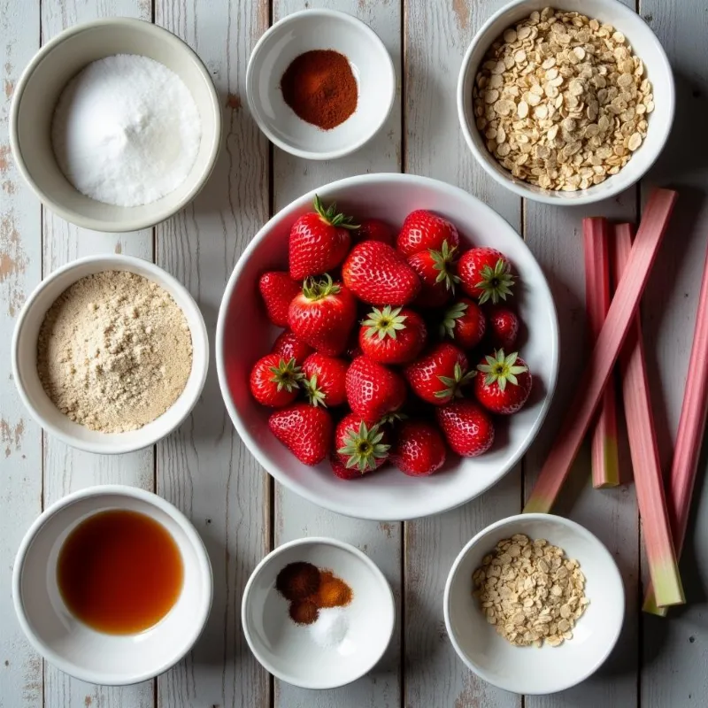 Fresh strawberries and rhubarb with other ingredients for a vegan crumble