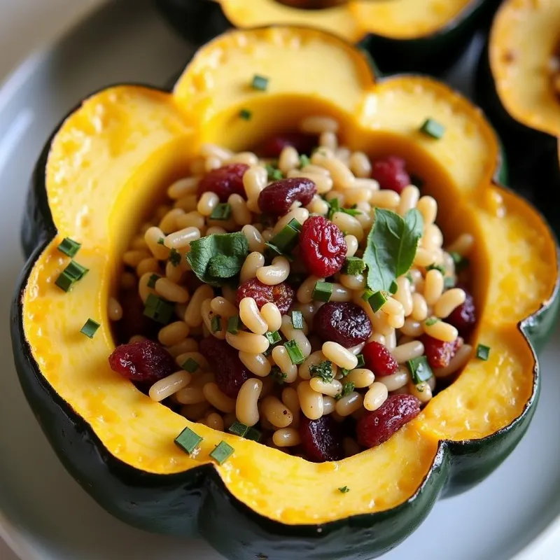 Vegan stuffed acorn squash with wild rice and cranberries filling