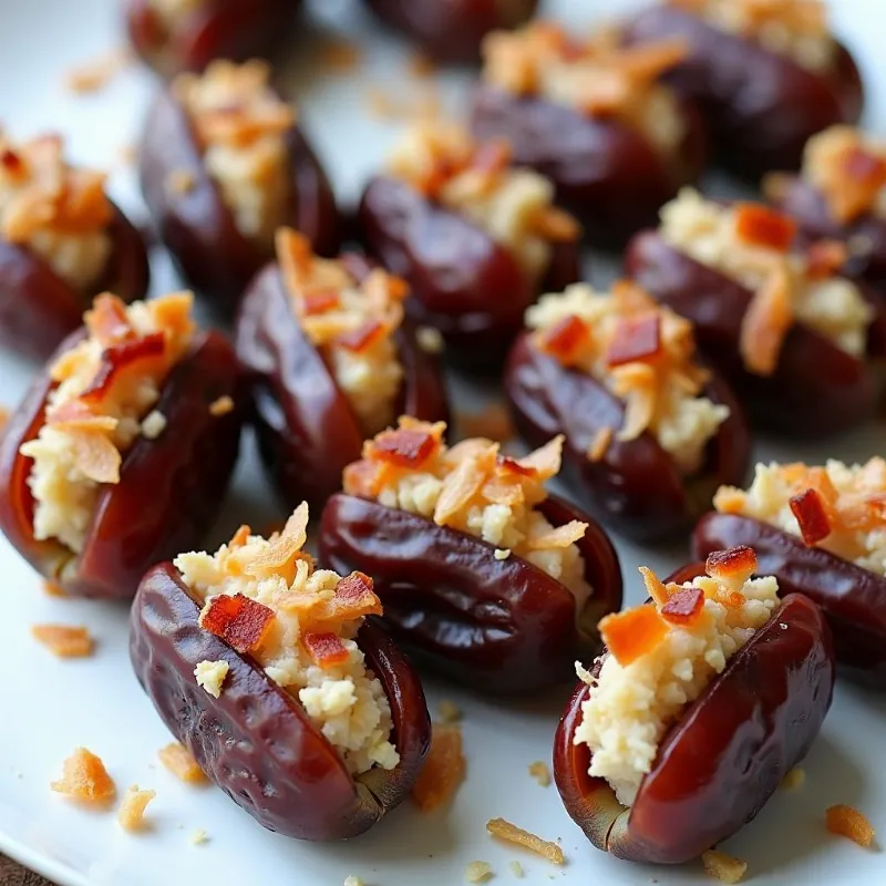 Vegan Stuffed Dates Topped with Coconut Bacon on a Serving Platter