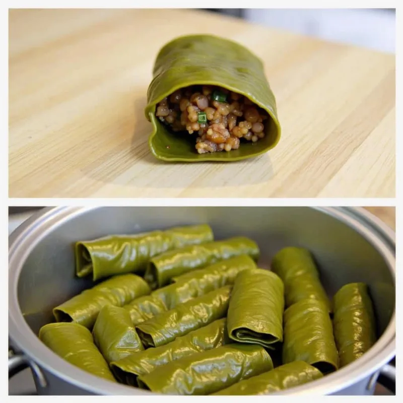 Rolling and layering vegan stuffed grape leaves in a pot.