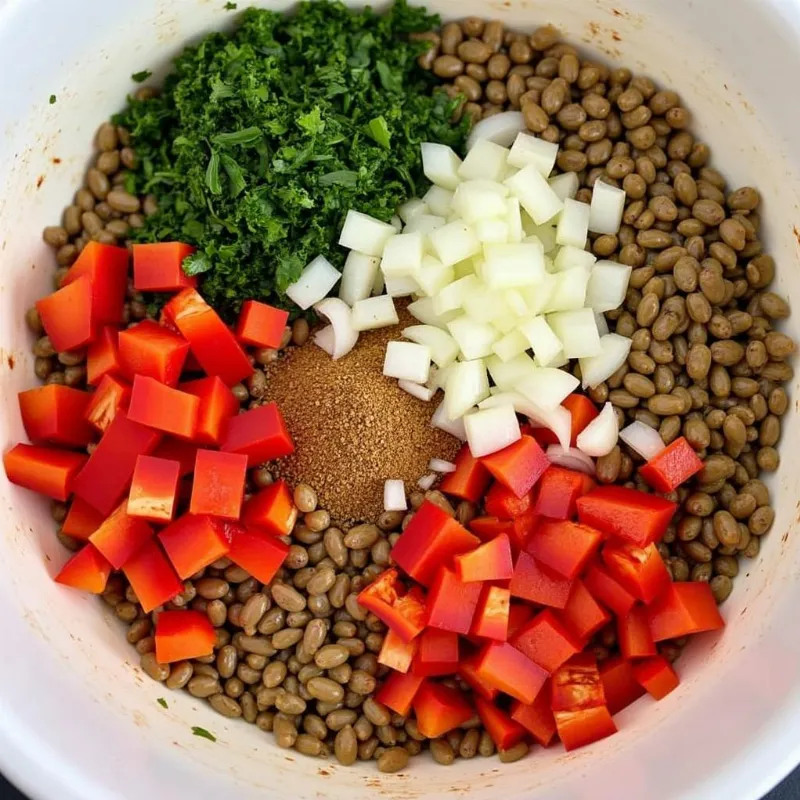 A close-up shot of the colorful vegan stuffed pepper filling in a bowl, showcasing the lentils, vegetables, and herbs.