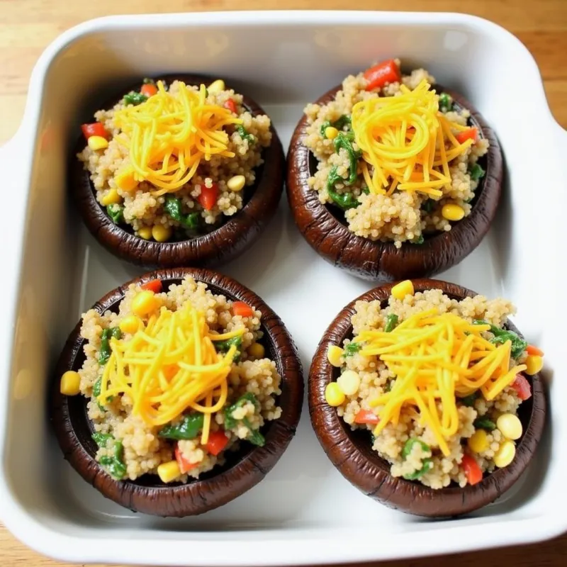 Vegan stuffed portabella mushrooms in a baking dish, ready for the oven.