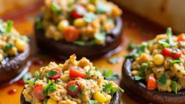 Vegan Stuffed Portobello Mushrooms Baking in the Oven