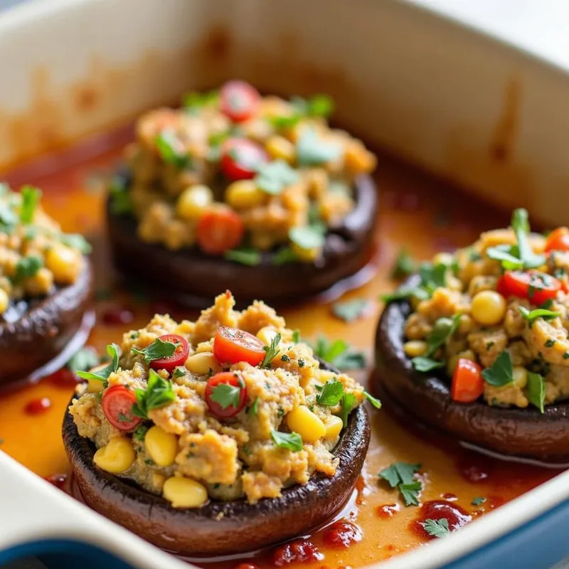 Vegan Stuffed Portobello Mushrooms Baking in the Oven