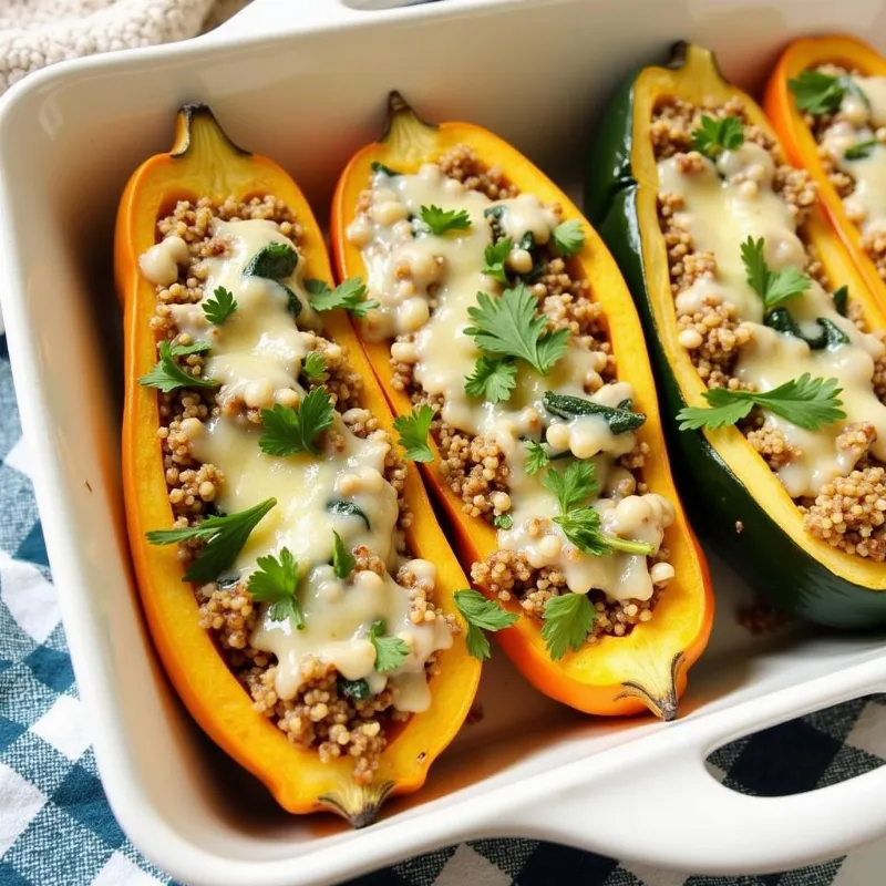 Baked vegan stuffed summer squash boats with quinoa and vegetables