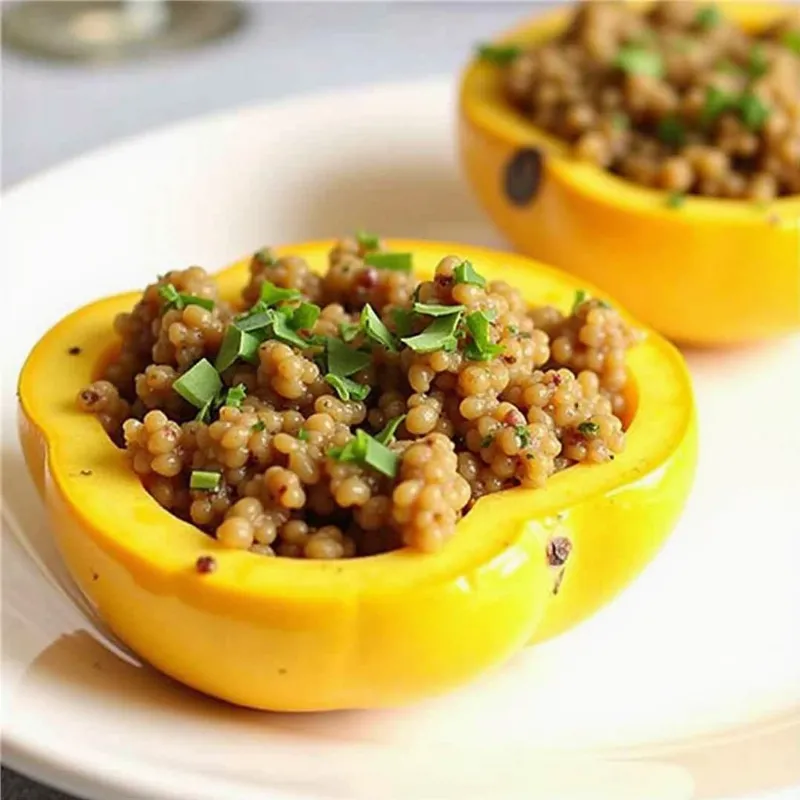 Two baked yellow squash halves filled with a colorful quinoa and lentil mixture.