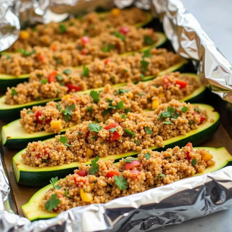 Stuffed zucchini boats baking in the oven.