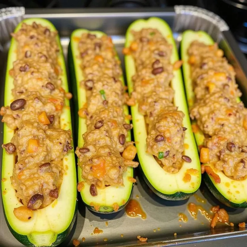 Vegan stuffed zucchini boats baking in a baking dish.