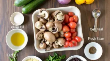 Vegan stuffed zucchini boats ingredients laid out on a wooden table