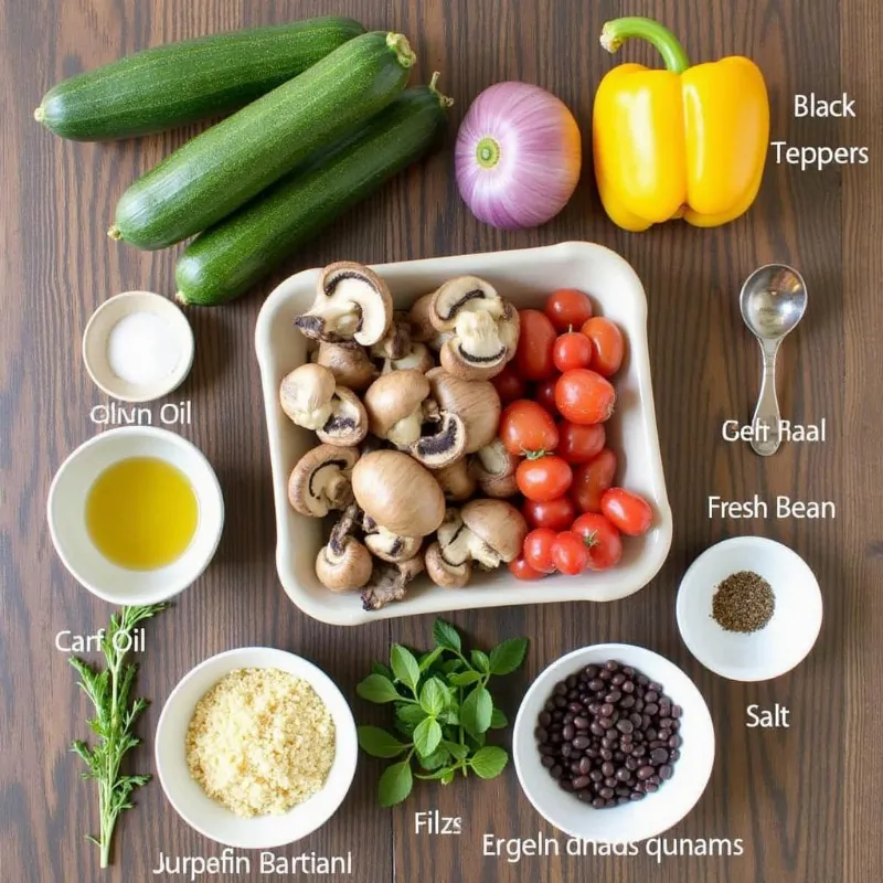 Vegan stuffed zucchini boats ingredients laid out on a wooden table