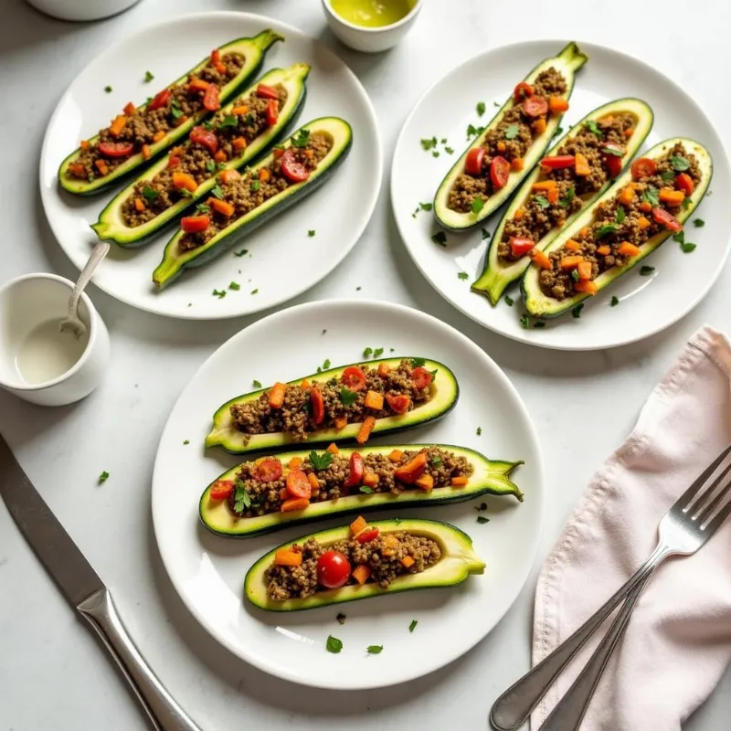 Three variations of vegan stuffed zucchini: mediterranean, mexican and indian.