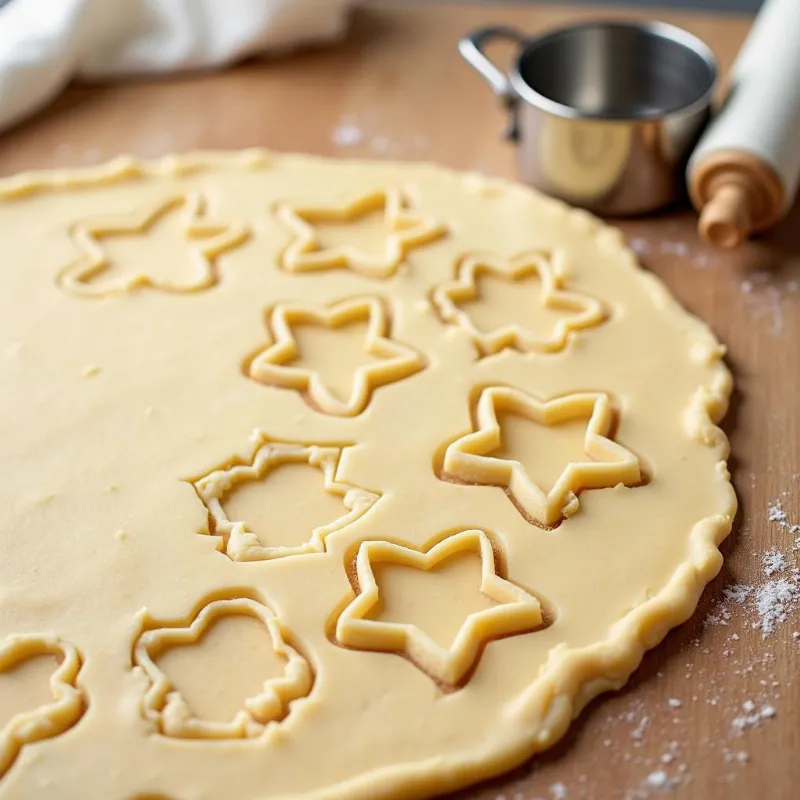 Rolled out vegan sugar cookie dough with various cookie cutter shapes.