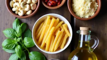 Vegan sun-dried tomato pasta ingredients laid out on a table