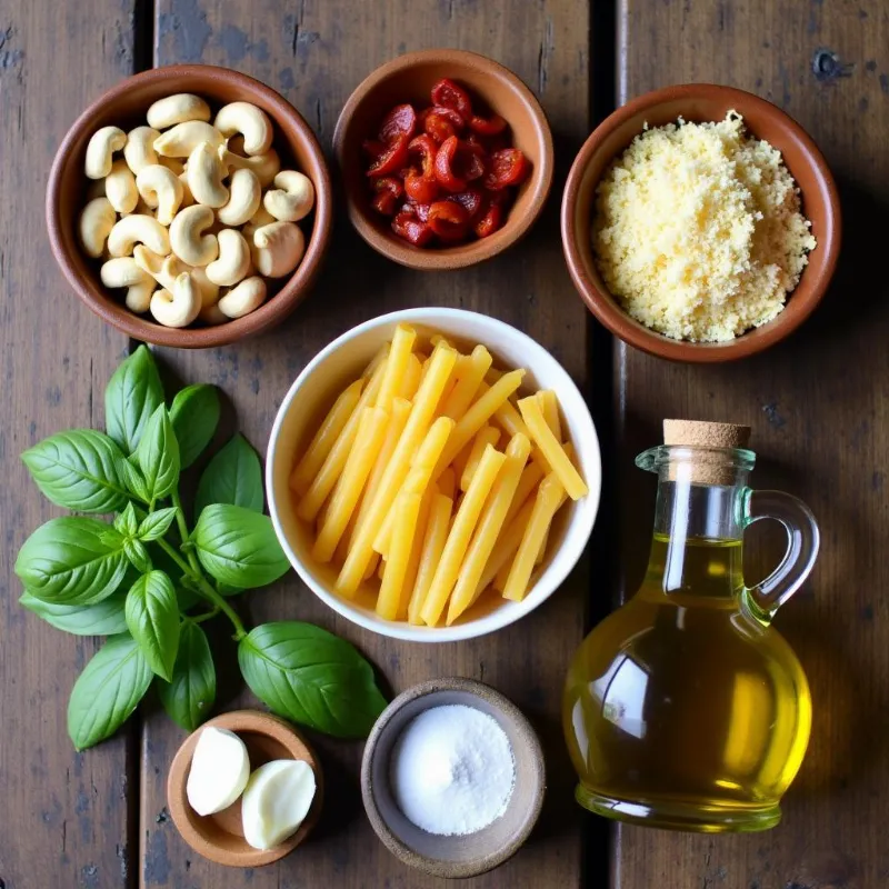 Vegan sun-dried tomato pasta ingredients laid out on a table