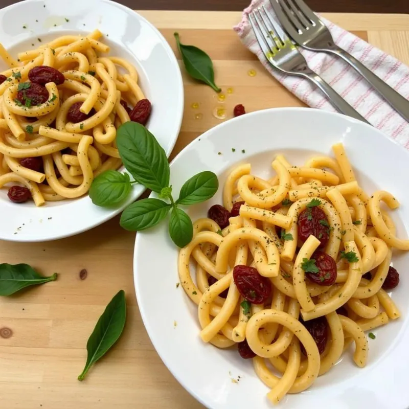 Vegan sun-dried tomato pasta served on two plates