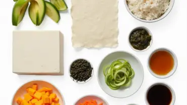 Colorful assortment of vegan sushi ingredients