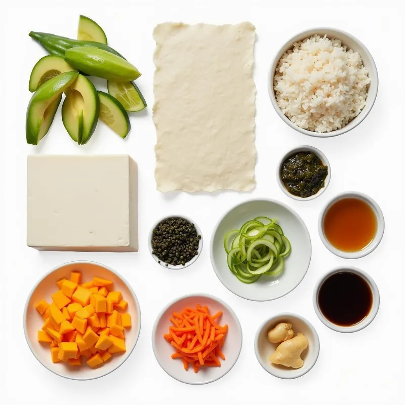 Colorful assortment of vegan sushi ingredients