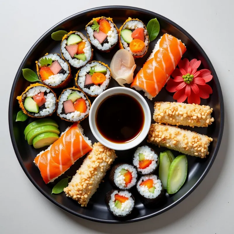 A platter of beautifully arranged vegan sushi rolls