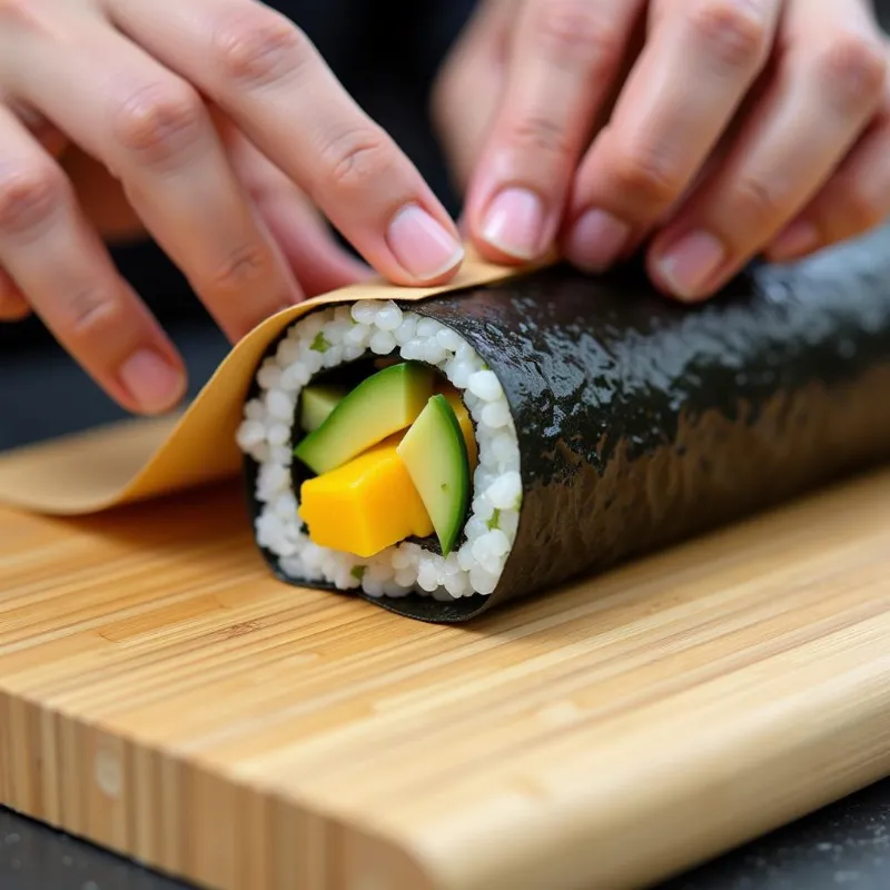 Hands rolling vegan sushi using a bamboo mat